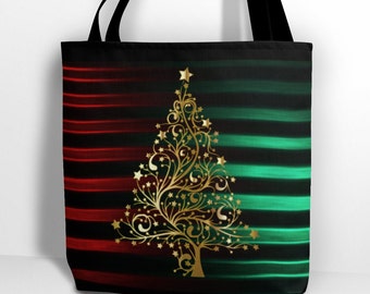 Gold Christmas Tree Tote Bag | Red, Black, and Green Accent Holiday Bag