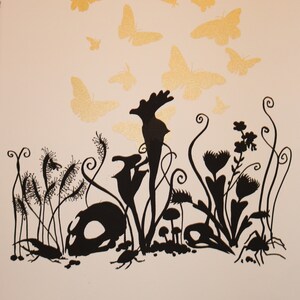 Screenprint &quot;Carrion&quot; - Original art print of carnivorous plants, animals, insects with metallic gold butterflies