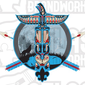 May include: A blue and red totem pole with a wolf howling at the moon. The totem pole is surrounded by two arrows and a blue circle with a white moon. The totem pole is a traditional Native American design.