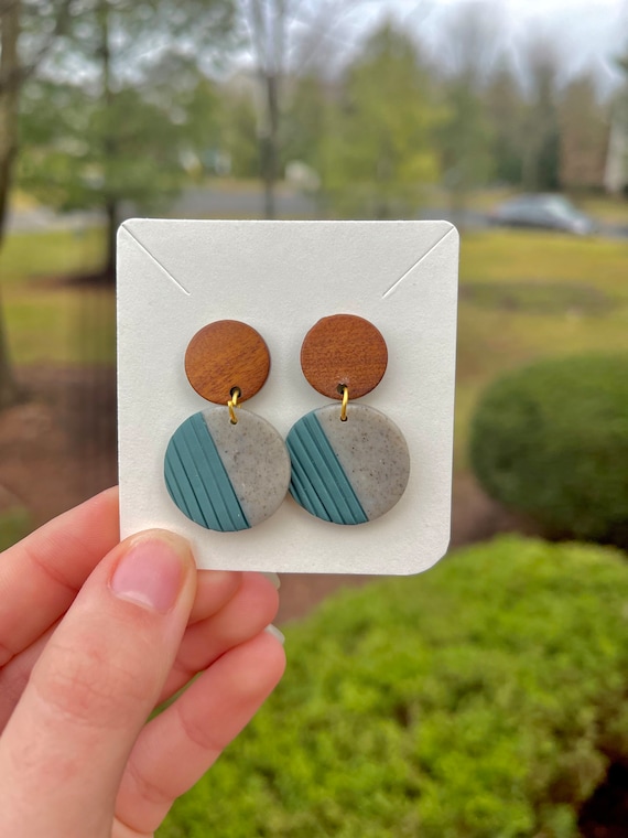 Polymer Clay Aqua and Granite Gray With Wood Top Circle Earrings