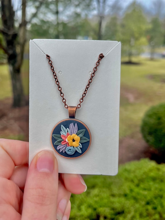 Vintage style floral polymer clay necklace Flower Birthday gift  Summer Cute spring decor