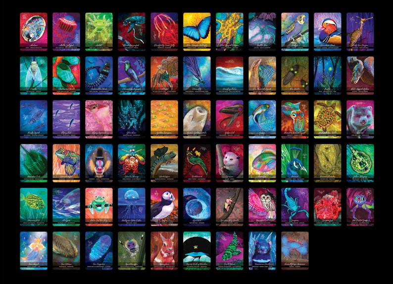 Peut inclure: Un jeu de 48 cartes color&eacute;es repr&eacute;sentant divers animaux et insectes. Chaque carte a une bordure noire et un fond blanc avec une illustration color&eacute;e d'un animal ou d'un insecte. Les cartes sont dispos&eacute;es en grille de 8 rang&eacute;es et 6 colonnes.