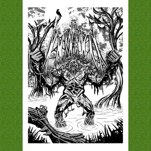 Könnte beinhalten: Schwarzweiß-Illustration eines Sumpfmonsters mit einer skelettartigen Figur im Hintergrund. Das Monster steht in einem Sumpf mit Ranken und Bäumen. Ein kleiner Frosch sitzt im Vordergrund auf einem Baumstamm.