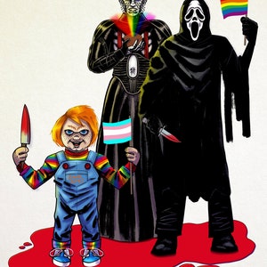May include: Three horror movie characters, a red-haired doll with a knife, a figure in a black robe with a mask, and a figure with a spiked helmet, holding rainbow and transgender pride flags. The characters are standing on a red background.