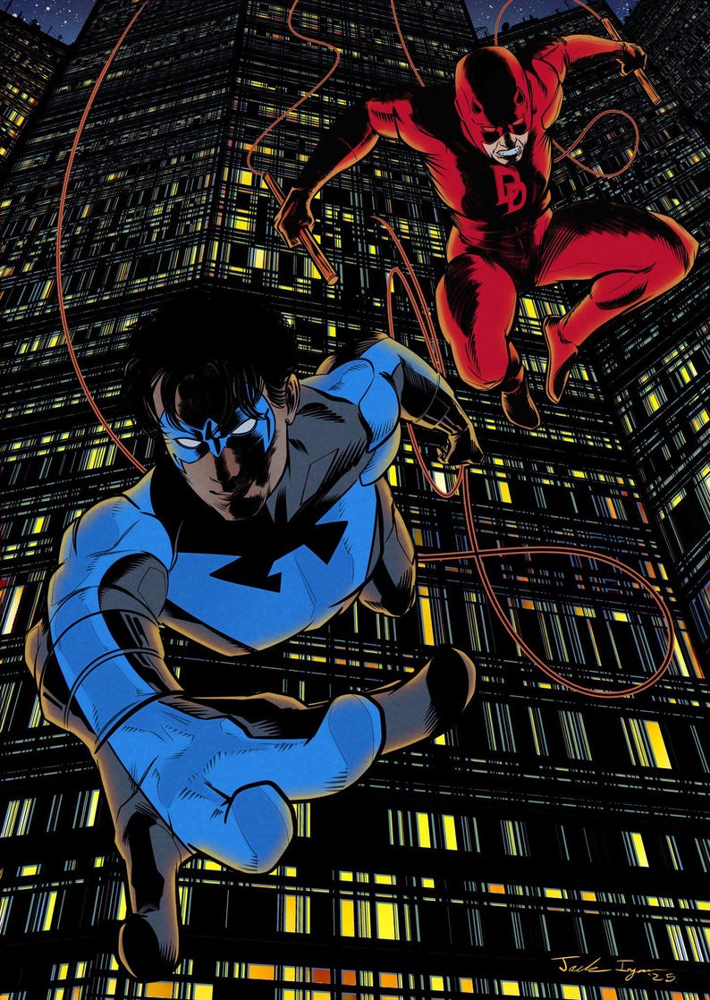 Daredevil Ropes Nightwing & Daredevil | Marvel Vs DC Crossover - Full Colour A4 Print ...