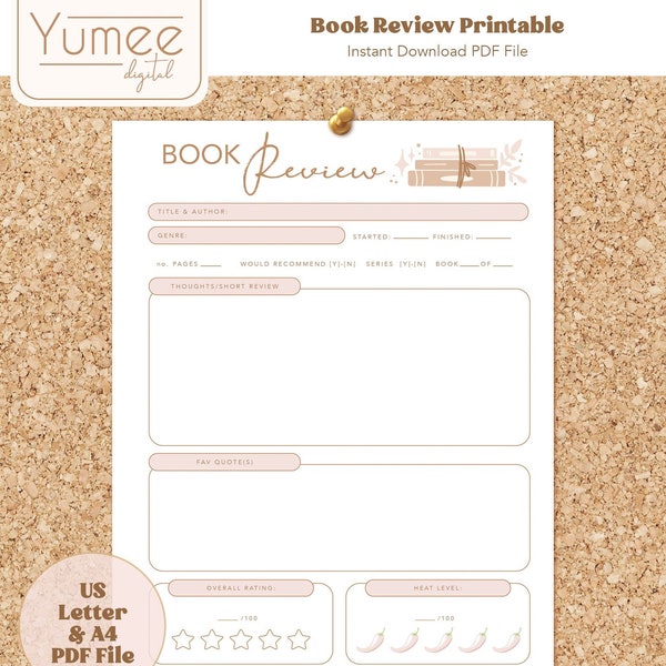 Book Review PDF Printable File - Minimal Aesthetic Reading Book Review PDF Template - US Letter and A4 -Instant Download