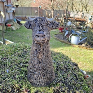 Könnte beinhalten: Eine detaillierte, dunkelbraune Bullenskulptur mit strukturierter Fell und Hörnern. Der Bulle hat einen strengen Ausdruck und ist vor einem verschwommenen Hintergrund im Freien platziert. Die Skulptur ist ein dekoratives Gartenornament.