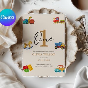 Schicke erste Geburtstagseinladung in cremigen beige mit Spielzeug und Autos | Elegante & druckbare Canva Vorlage | Schlichtes schönes, anpassbares Design