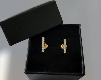 Solid 18K Yellow Gold Bar Stud Earrings • Minimalist Geometric Dainty Jewelry