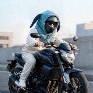 Peut inclure: Une personne portant une housse de casque en peluche bleu clair avec de longues oreilles tombantes sur un casque de moto noir, associée à une veste et un pantalon beiges, conduisant une moto bleu foncé sur une route goudronnée.