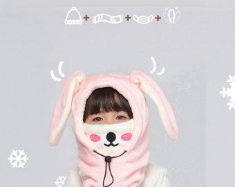 Pink Bunny Moving Ears Hat: Flannel Winter Balaclava Mask Hood