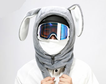 Grey Bunny Moving Ears Ski Mask: Flannel Balaclava Hood