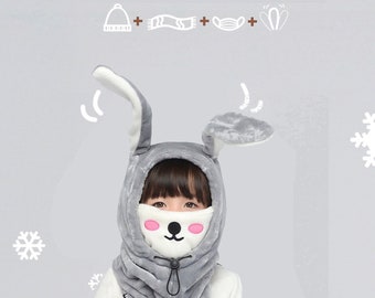 Grey Bunny Moving Ears Hat: Flannel Winter Balaclava Mask