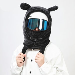 Black Bear Moving Ears Ski Mask: Flannel Balaclava Helmet Cover