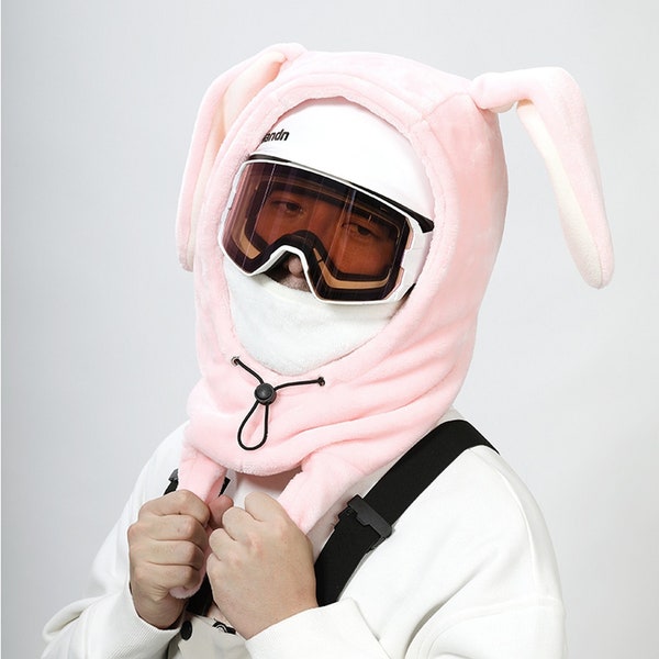 Cagoule rose avec masque de lapin pour adultes, bonnets à oreilles mobiles, cagoule de ski/snowboard, cagoule de ski pour enfants, couvre-casque, cadeau d'Halloween/anniversaire