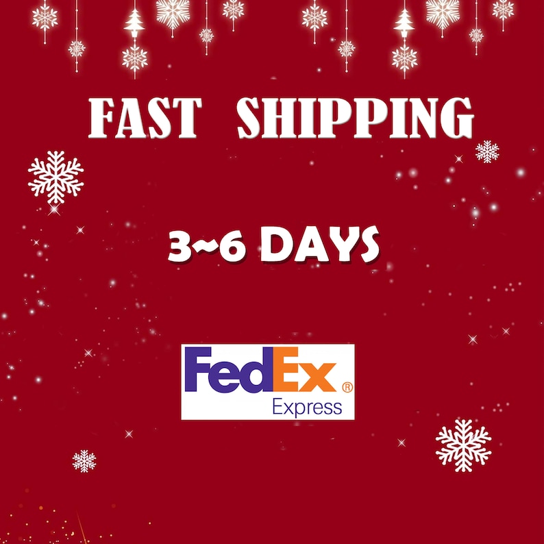May include: Red background with white snowflakes and the text "FAST SHIPPING 3~6 DAYS" in white. The FedEx Express logo is in the centre of the image.
