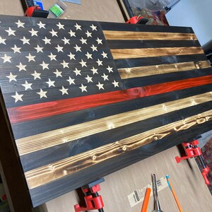 Firefighter Wooden American Flag - Hand-Made, Charred, Hand-Carved Stars (MADE IN USA)