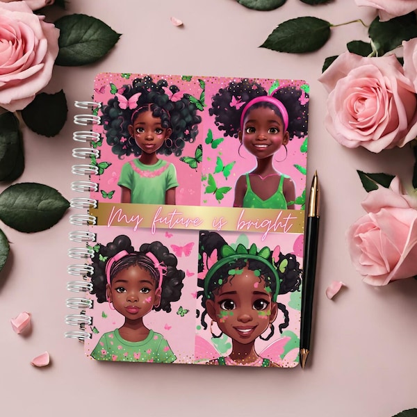 Pink & Green Sorority Colors Little Girls Journal Covers PNG, Afro Black Girls Journal Covers, Notebook Covers, Digital Journal Covers