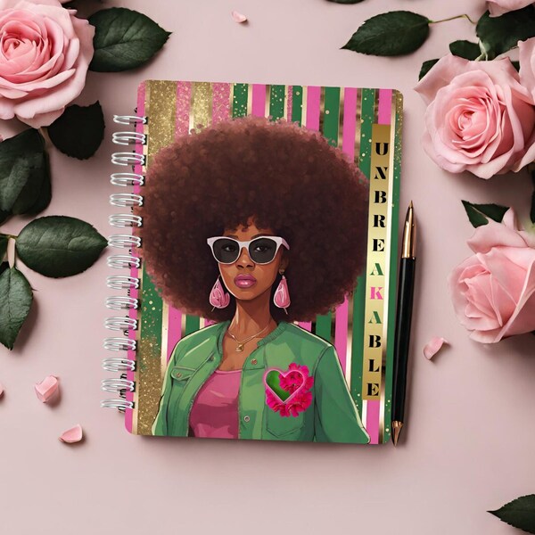 Pink & Green Sorority Colors Black Woman Journal Covers PNG, Afro Black Woman Journal Covers, Notebook Covers, Digital Journal Covers