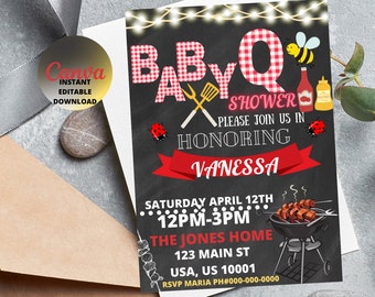 BABY-Q Baby Shower Invitation, Baby BBQ Invitation, Baby Shower Invite, Baby Q Barbeque Summer Invitation, Neutral Baby Shower Invitation