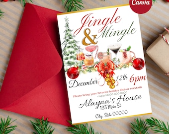 May include: A Christmas party invitation with a gold border and a white background. The invitation features a watercolor illustration of a Christmas tree, ornaments, and cocktails. The text reads "Jingle & Mingle" and includes the date, time, and location of the party.