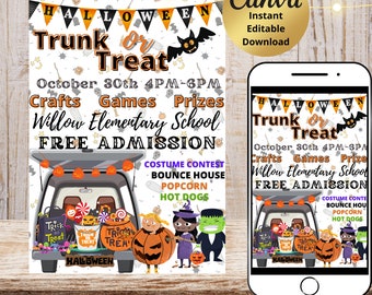 Trunk or Treat Halloween Party, School Halloween Party Invite, Trunk or Treat Flyer, Editable Instant Download Fall Festival Kid Party