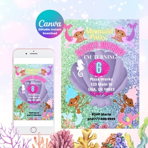 Editable Mermaid Birthday Invitation, Mermaid Invite, Under the Sea Birthday Party, Printable template Digital Instant Download
