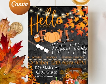 Może przedstawiać: Zaproszenie w stylu czarnej tablicy z tekstem "Hello Fall Festival Party" w kolorze pomarańczowym i białym. Zaproszenie zawiera informacje o jesiennym festiwalu, w tym datę, godzinę i miejsce. Tło przedstawia jesienny motyw z dyniami, liśćmi i ogniskiem.