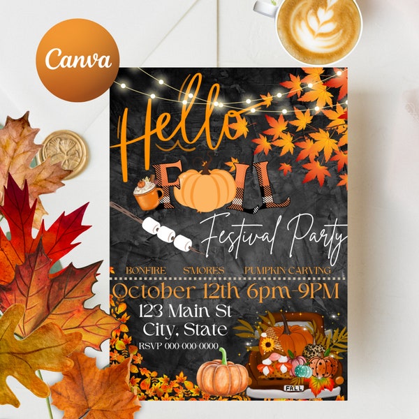 Fall Harvest Editable Instant Download Party Invite Flyer, Hello Fall Party Invite, Fall Fest, S'more Bonfire Party, Fall Party, Pumpkin