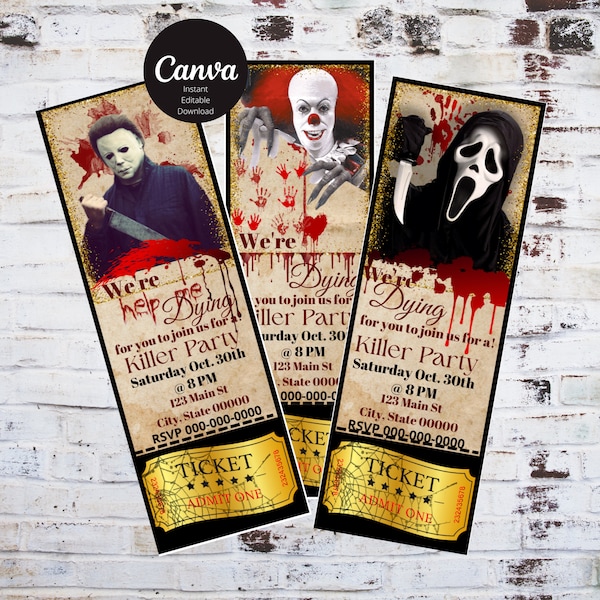 Halloween Invitation Ticket Party Killer Movie Party, Horror Movie Themed Party, Printable Evite Party Invites, Ticket Party Template