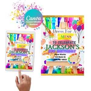 May include: A colourful invitation for a child's 8th birthday party. The invitation features a paint-splattered easel with paintbrushes, a palette, and balloons. The text reads "Dress for a Mess to Celebrate Jackson's 8th Birthday".