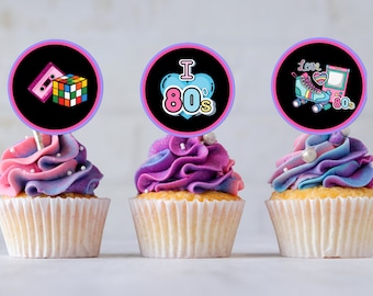 Stampabile I Love the 80's Party Cupcake Toppers, Decade Themed Party, 80's Baby Cupcake Toppers, 80's Party, Party Decorations
