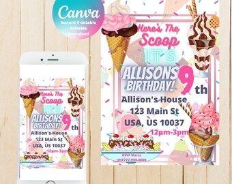 Ice Cream Birthday Invitation, Ice Cream Party Invite, Ice Cream Social, Birthday for Her, Food Sweet Dessert Invitation, Digital Invite