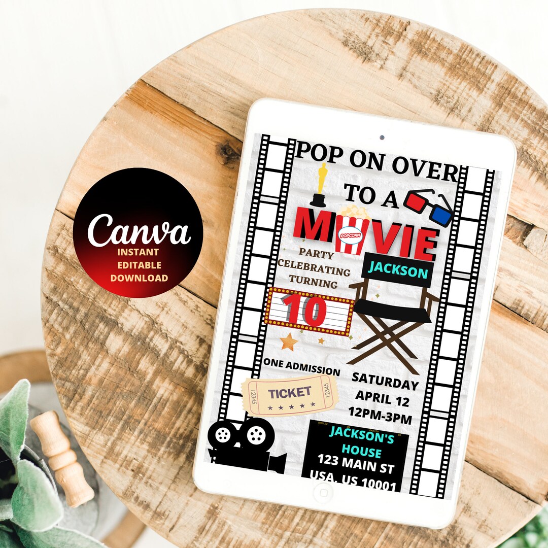 Buy Editable Movie Birthday Invitation Cinema Birthday Invitation Pop ...