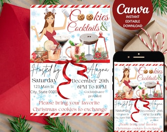 May include: A digital invitation for a Cookies & Cocktails party hosted by Alayna on December 20th from 6 PM to 10 PM. The invitation features a cartoon illustration of a woman with reindeer antlers holding a cocktail shaker. The text "Cookies & Cocktails" is written in a festive font with red and white candy cane stripes. The invitation also includes the text "Please bring your favorite Christmas cookies to exchange".