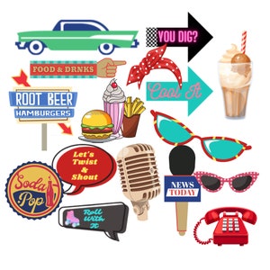 28 Printable 1950&#39;s Photo Booth Props, Retro Party Photo Booth Props, Party Props, 50&#39;s Party Decorations