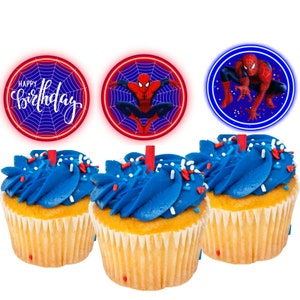 Printable 12 Spider Cupcake Toppers Birthday Party Decorations Super Hero Spider Kid Party decorations, Birthday Party Favors Super Hero