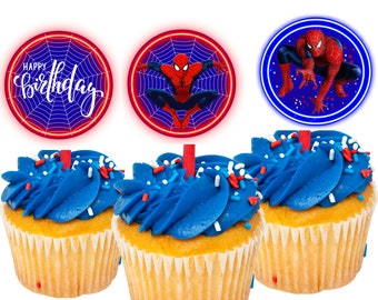Imprimible 12 Spider Cupcake Toppers Decoraciones de fiesta de cumpleaños Super Hero Spider Kid Decoraciones de fiesta, Fiesta de cumpleaños Favorece a Super Hero