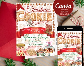 May include: A festive Christmas Cookie Exchange invitation with gingerbread cookie lettering and decorative elements. The invitation includes the date, time, and address, along with a Canva instant download label. A smartphone displays the invitation.
