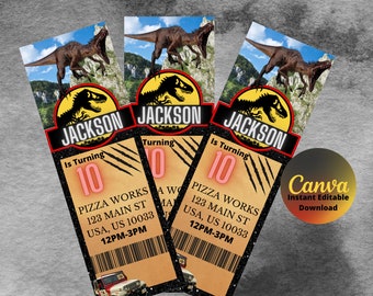 Peut inclure: Trois invitations de fête sur le thème des dinosaures. Chaque invitation présente un dinosaure brun, le nom "JACKSON" et le texte "Is Turning 10". Les invitations incluent également les détails de l'événement et une Jeep.