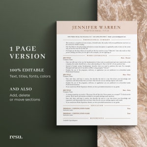 May include: A beige resume template with a brown header and text. The header reads "Jennifer Warren, Professional Title". The resume includes sections for professional summary, work experience, education, and references.