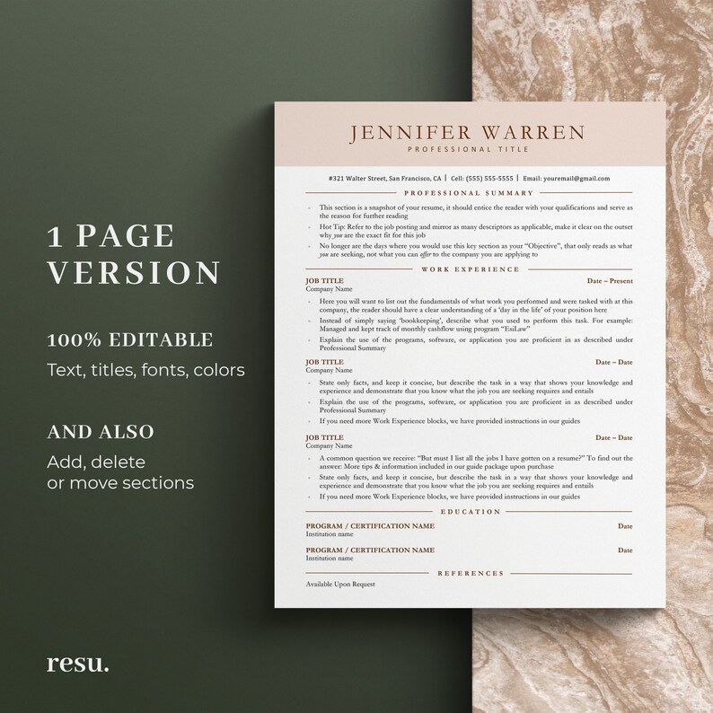May include: A beige resume template with a brown header and text. The header reads "Jennifer Warren, Professional Title". The resume includes sections for professional summary, work experience, education, and references.