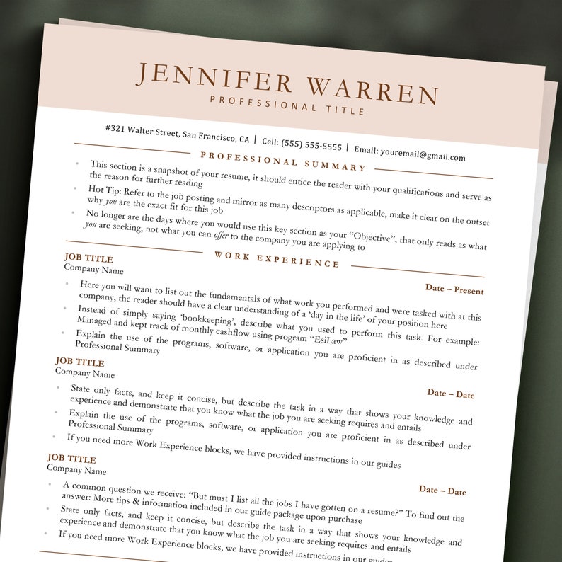 May include: A resume template with a professional summary, work experience section, and job title headings. The template provides instructions for writing a resume, including tips on how to describe your skills and experience.