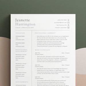 May include: A resume template with a professional summary, education, professional development, work experience, and achievements sections. The resume is formatted with bullet points and headings.