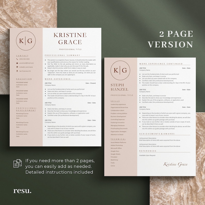 May include: Two-page resume template with a brown and white color scheme. The template features a professional summary, work experience, education, professional development, skills, technical skills, achievements and awards, and references sections. The template is designed to be used for job applications.
