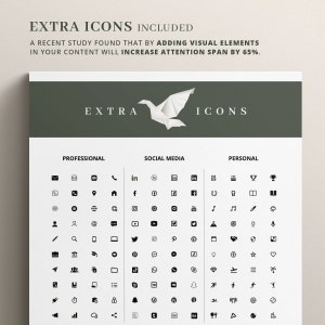 Puede incluir: Un gr&aacute;fico con un p&aacute;jaro de origami blanco y el texto "EXTRA ICONS INCLUDED". El gr&aacute;fico est&aacute; sobre un fondo verde oscuro. Debajo del gr&aacute;fico hay tres columnas de iconos negros etiquetados como "PROFESSIONAL", "SOCIAL MEDIA" y "PERSONAL".