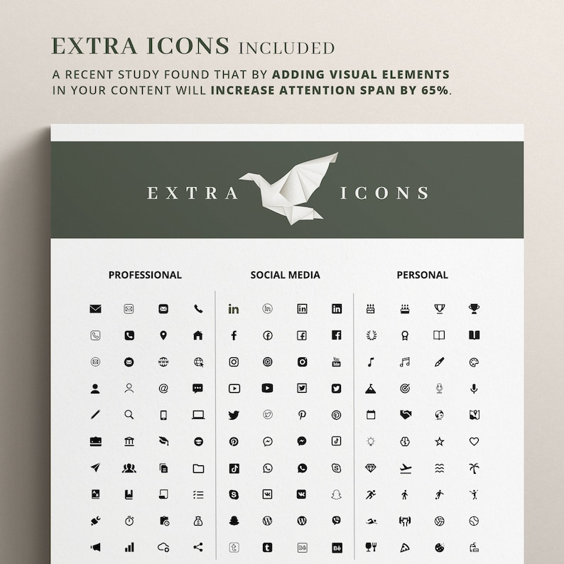 Puede incluir: Un gr&aacute;fico con un p&aacute;jaro de origami blanco y el texto "EXTRA ICONS INCLUDED". El gr&aacute;fico est&aacute; sobre un fondo verde oscuro. Debajo del gr&aacute;fico hay tres columnas de iconos negros etiquetados como "PROFESSIONAL", "SOCIAL MEDIA" y "PERSONAL".