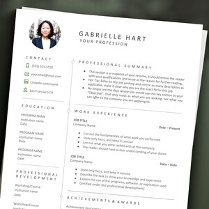May include: A resume template with a professional summary, education, work experience, professional development, and achievements and awards sections. The resume is for Gabrielle Hart.