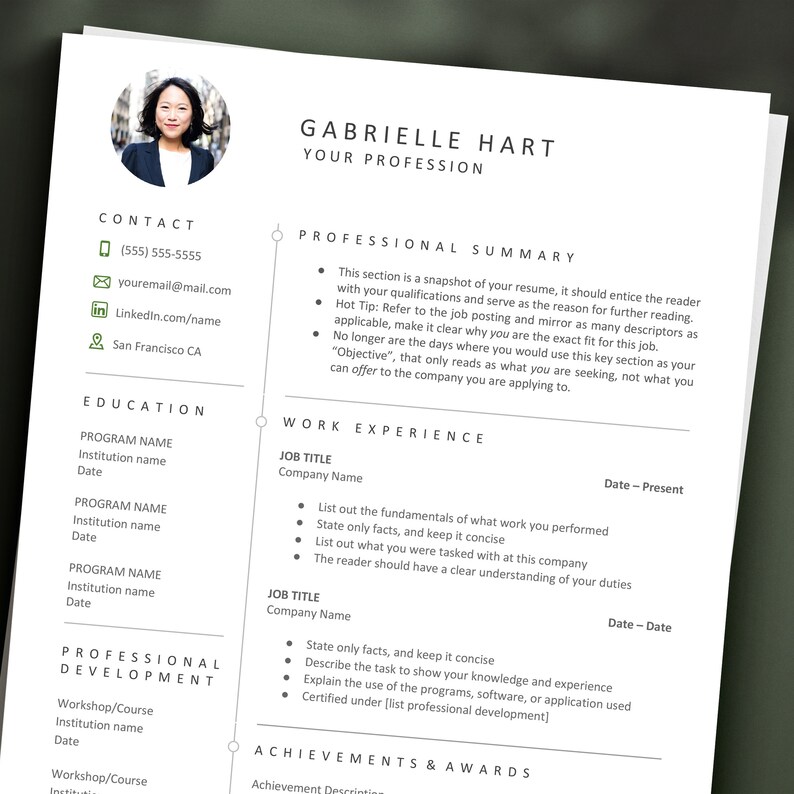 May include: A resume template with a professional summary, education, work experience, professional development, and achievements and awards sections. The resume is for Gabrielle Hart.