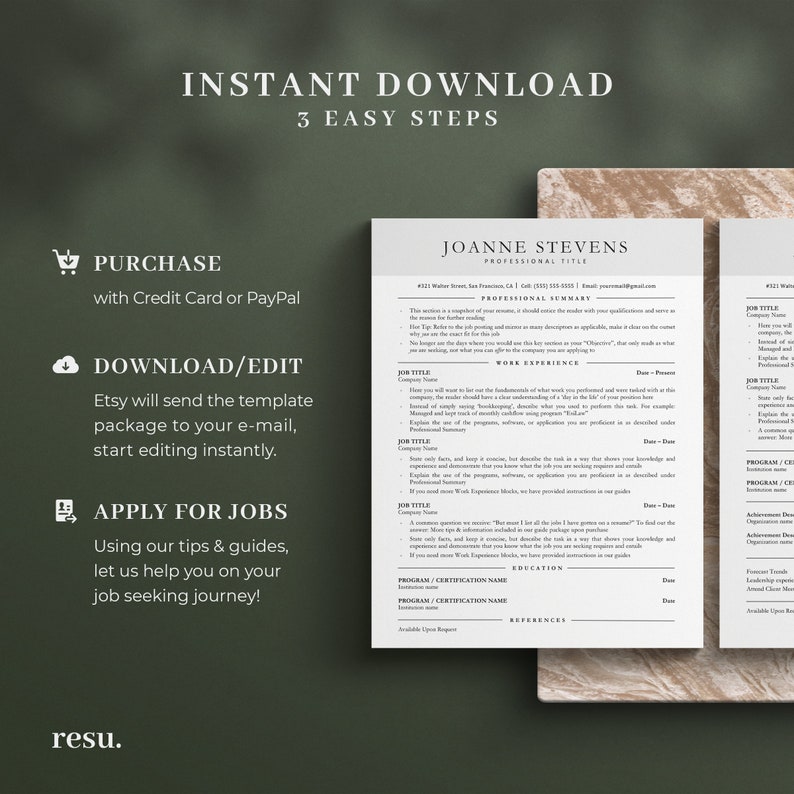 Puede incluir: Una plantilla de curr&iacute;culum vitae blanca y gris con el texto "Descarga instant&aacute;nea 3 pasos f&aacute;ciles" en la parte superior. La plantilla incluye secciones para comprar, descargar/editar, solicitar empleo y un curr&iacute;culum vitae de muestra con el nombre Joanne Stevens.